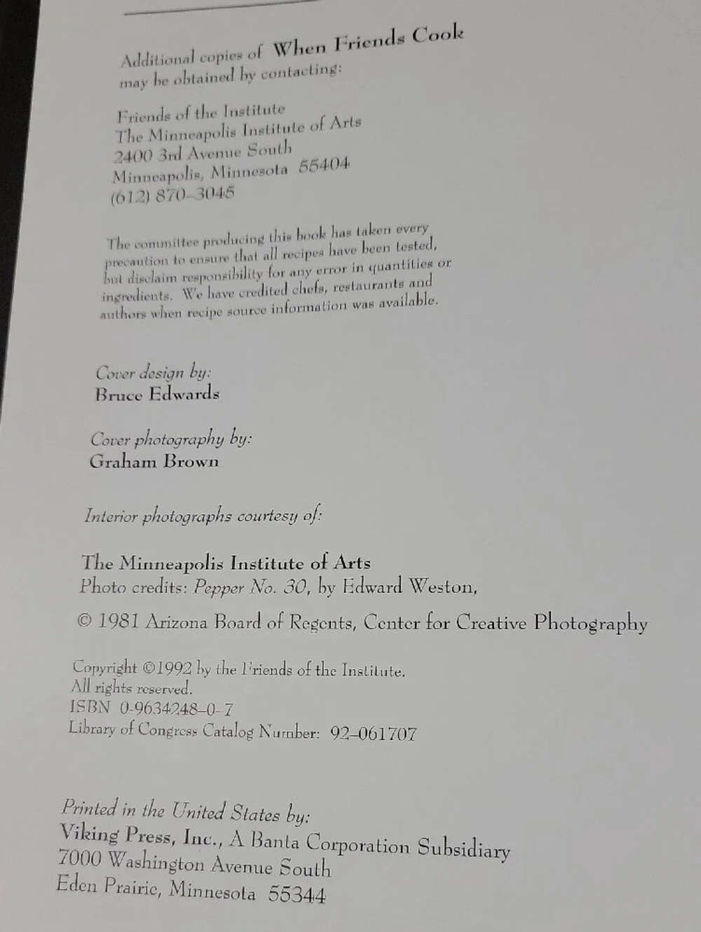 When Friends Cook - Friends Of The Minneapolis Institute Of Arts Cookbook